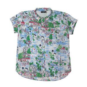 Karl Lagerfeld Blue Paris Whimsical City  Short Sleeve Button-Up Shirt Top Sz L